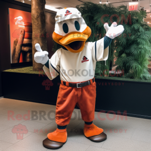 Rust Goose mascot costume character dressed with a Baseball Tee and Suspenders