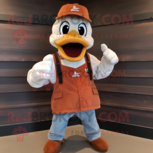 Rust Goose mascot costume character dressed with a Baseball Tee and Suspenders