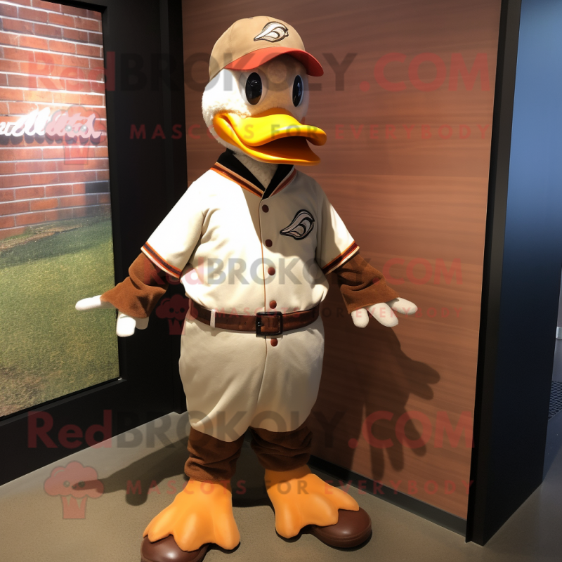 Rust Goose mascot costume character dressed with a Baseball Tee and Suspenders