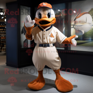 Rust Goose mascot costume character dressed with a Baseball Tee and Suspenders
