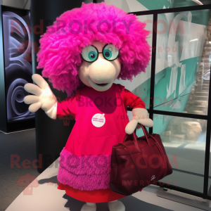 Magenta Sheep mascot costume character dressed with a Mini Skirt and Tote bags