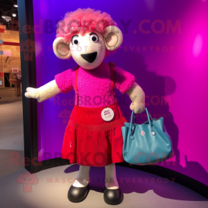Magenta Sheep mascot costume character dressed with a Mini Skirt and Tote bags