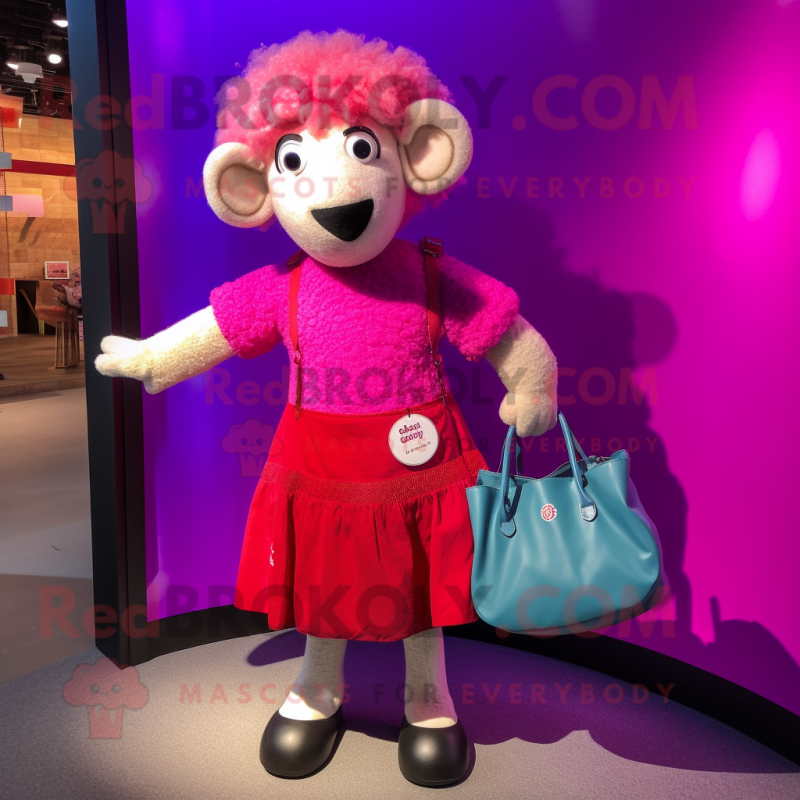 Magenta Sheep mascot costume character dressed with a Mini Skirt and Tote bags Magenta Sheep mascot costume character dressed with a Mini Skirt and Tote bags