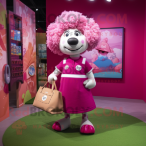 Magenta Sheep mascot costume character dressed with a Mini Skirt and Tote bags