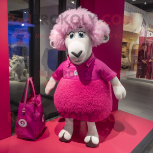 Magenta Sheep mascot costume character dressed with a Mini Skirt and Tote bags