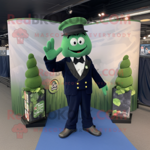 Navy Green Bean mascot costume character dressed with a Tuxedo and Suspenders