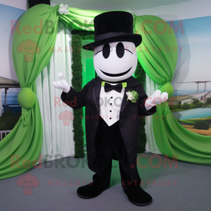 Navy Green Bean mascot costume character dressed with a Tuxedo and Suspenders