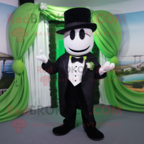 Navy Green Bean mascot costume character dressed with a Tuxedo and Suspenders