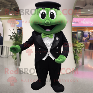 Navy Green Bean mascot costume character dressed with a Tuxedo and Suspenders