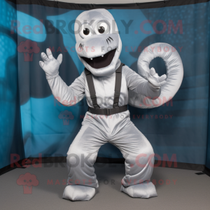 Silver Hydra mascot costume character dressed with a Dungarees and Gloves