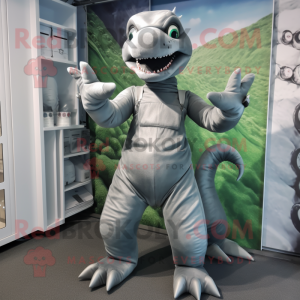 Silver Hydra mascot costume character dressed with a Dungarees and Gloves