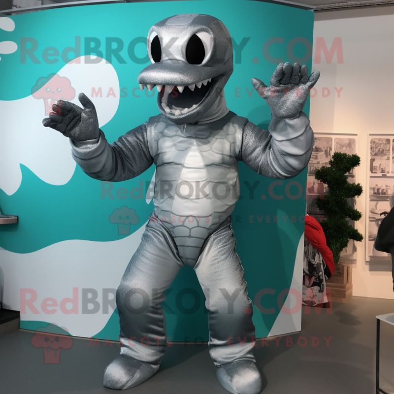 Silver Hydra mascot costume character dressed with a Dungarees and Gloves Silver Hydra mascot costume character dressed with a Dungarees and Gloves