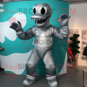 Silver Hydra mascot costume character dressed with a Dungarees and Gloves