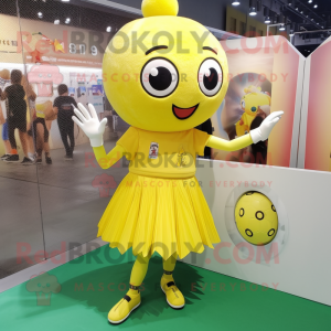 Lemon Yellow Soccer Goal mascot costume character dressed with a Mini Skirt and Brooches