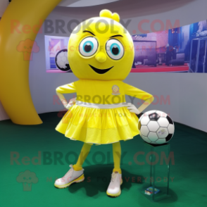 Lemon Yellow Soccer Goal mascot costume character dressed with a Mini Skirt and Brooches