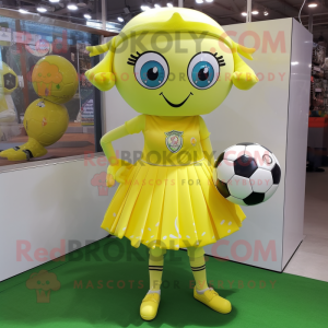 Lemon Yellow Soccer Goal mascot costume character dressed with a Mini Skirt and Brooches