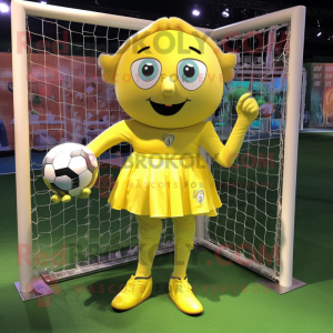 Lemon Yellow Soccer Goal mascot costume character dressed with a Mini Skirt and Brooches