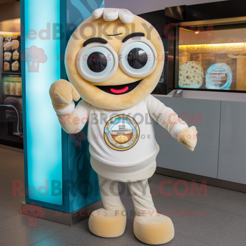 Cream Bagels mascot costume character dressed with a Playsuit and Bracelet watches