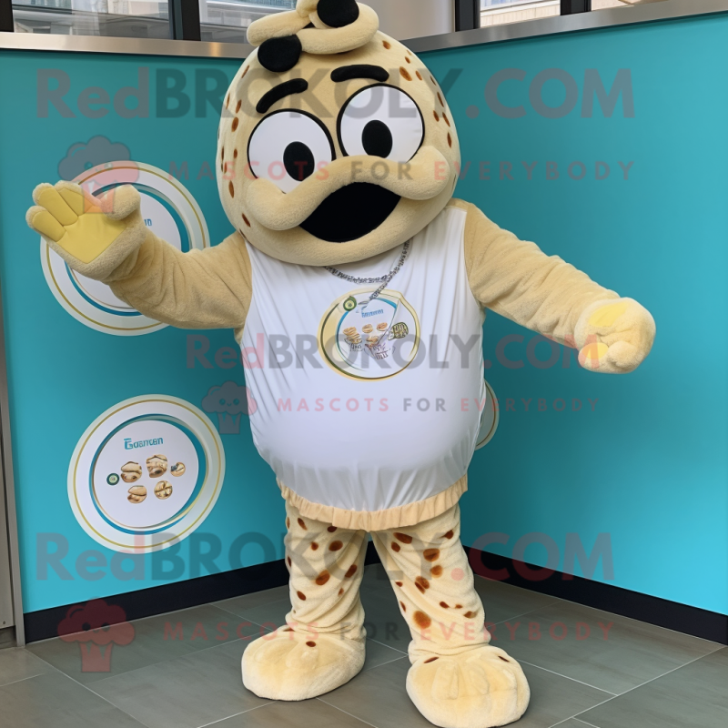 Cream Bagels mascot costume character dressed with a Playsuit and Bracelet watches Cream Bagels mascot costume character dressed with a Playsuit and Bracelet watches