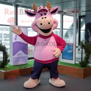 Pink Jersey Cow mascot costume character dressed with a Bootcut Jeans and Beanies