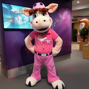 Pink Jersey Cow mascot costume character dressed with a Bootcut Jeans and Beanies