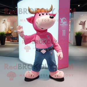 Pink Jersey Cow mascot costume character dressed with a Bootcut Jeans and Beanies