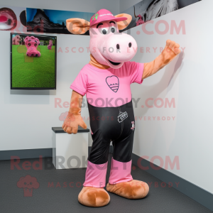Pink Jersey Cow mascot costume character dressed with a Bootcut Jeans and Beanies