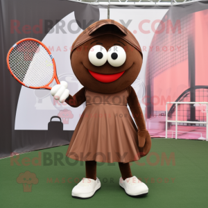 Brown Tennis Racket mascot costume character dressed with a A-Line Dress and Gloves