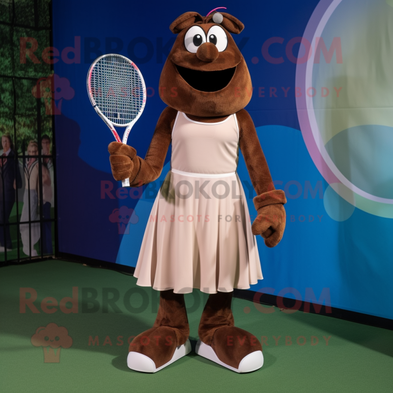 Brown Tennis Racket mascot costume character dressed with a A-Line Dress and Gloves Brown Tennis Racket mascot costume character dressed with a A-Line Dress and Gloves