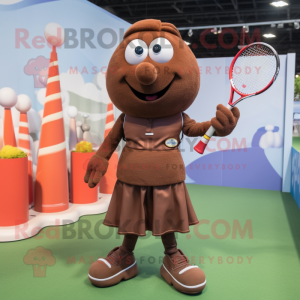 Brown Tennis Racket mascot costume character dressed with a A-Line Dress and Gloves