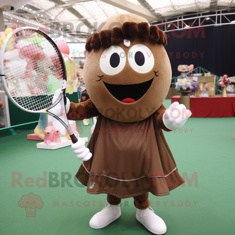Brown Tennis Racket mascot costume character dressed with a A-Line Dress and Gloves Brown Tennis Racket mascot costume character dressed with a A-Line Dress and Gloves