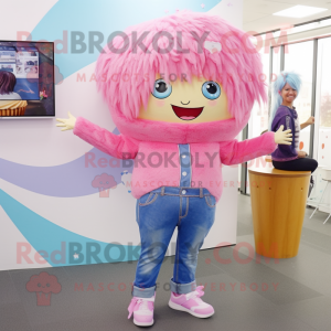 Pink Cupcake mascot costume character dressed with a Bootcut Jeans and Hair clips