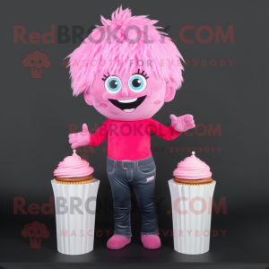 Pink Cupcake mascot costume character dressed with a Bootcut Jeans and Hair clips