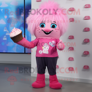 Pink Cupcake mascot costume character dressed with a Bootcut Jeans and Hair clips