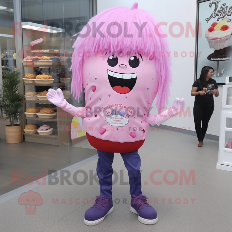 Pink Cupcake mascot costume character dressed with a Bootcut Jeans and Hair clips Pink Cupcake mascot costume character dressed with a Bootcut Jeans and Hair clips