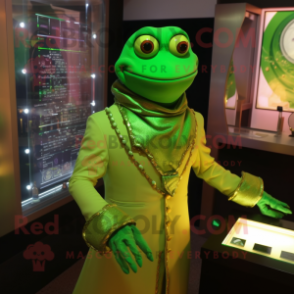 Lime Green Magician mascot costume character dressed with a Turtleneck and Cufflinks