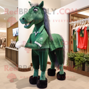 Forest Green Horse mascot costume character dressed with a Shorts and Shawl pins