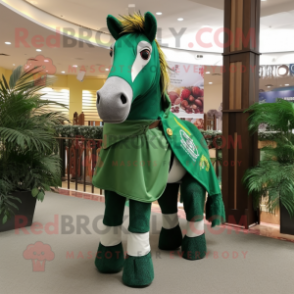 Forest Green Horse mascot costume character dressed with a Shorts and Shawl pins