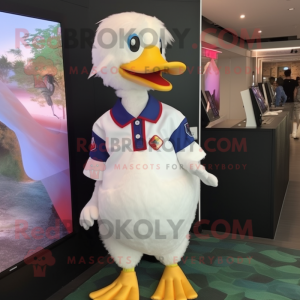 White Muscovy Duck mascot costume character dressed with a Polo Shirt and Hair clips