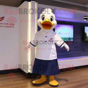 White Muscovy Duck mascot costume character dressed with a Polo Shirt and Hair clips