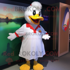 White Muscovy Duck mascot costume character dressed with a Polo Shirt and Hair clips
