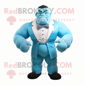 Cyan Strongman mascot costume character dressed with a Suit and Bow ties