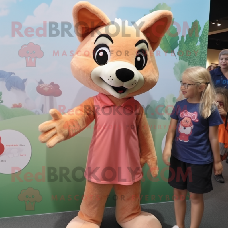 Peach Dingo mascot costume character dressed with a Romper and Hairpins