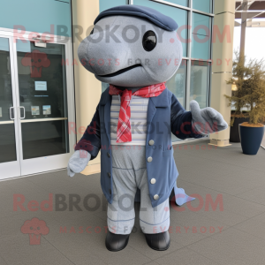 Gray Whale mascot costume character dressed with a Dress Pants and Scarf clips