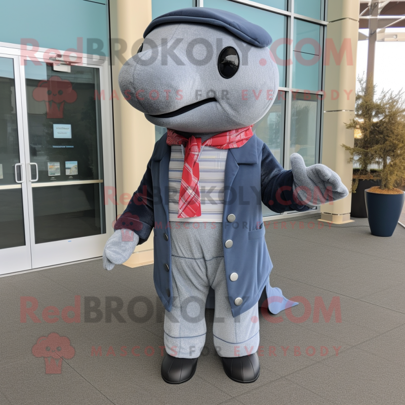 Gray Whale mascot costume character dressed with a Dress Pants and Scarf clips