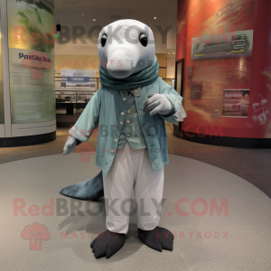 Gray Whale mascot costume character dressed with a Dress Pants and Scarf clips