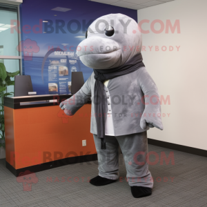 Gray Whale mascot costume character dressed with a Dress Pants and Scarf clips