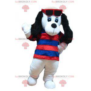 White and black dog mascot with a striped sweater -