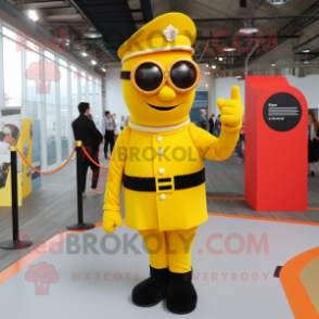 Yellow British Royal Guard mascot costume character dressed with a Sweater and Sunglasses