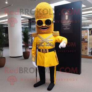 Yellow British Royal Guard mascot costume character dressed with a Sweater and Sunglasses